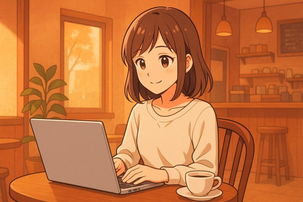 ChatGPT生成画像ーカフェで作業する女性