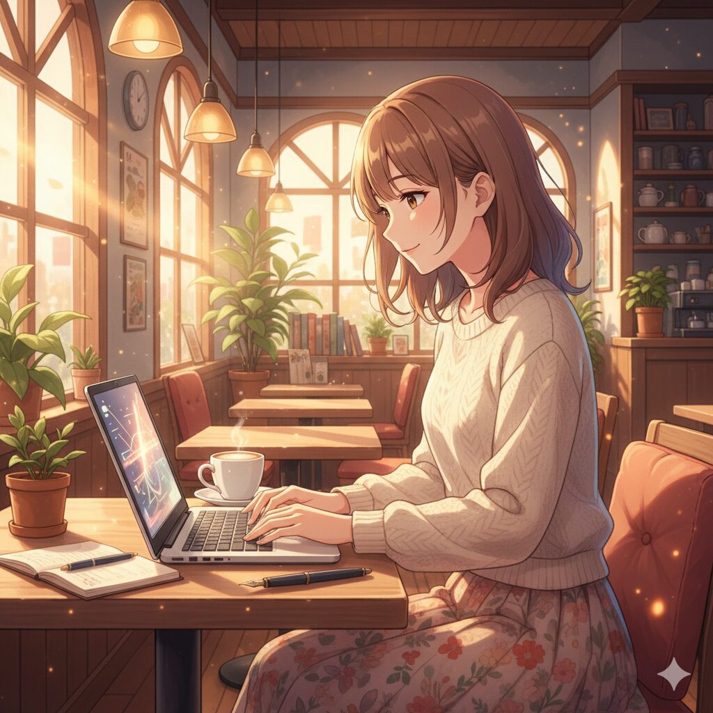 Geminiで生成したカフェで作業する女性