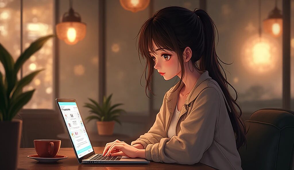 SeaArtで生成したカフェで作業する女性